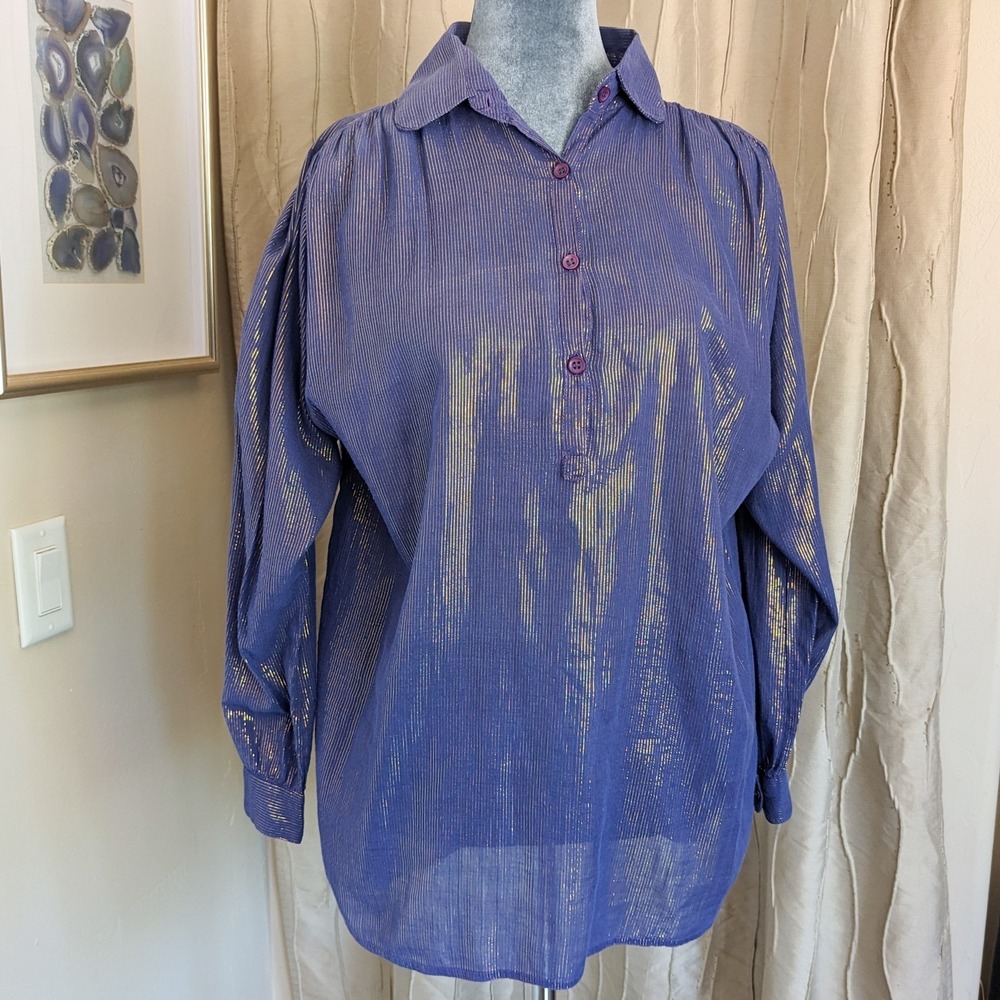 Vintage 80s Metallic Gold Stripe Cotton Voile Blouse 14/L Button Up Top India